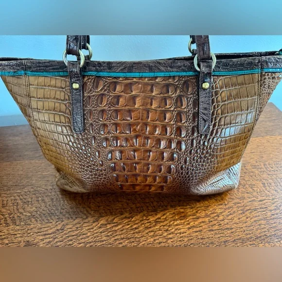 Brahmin Brown Melbourne Croc-Embossed Leather Tote with Teal Accent - Picture 4 of 16
